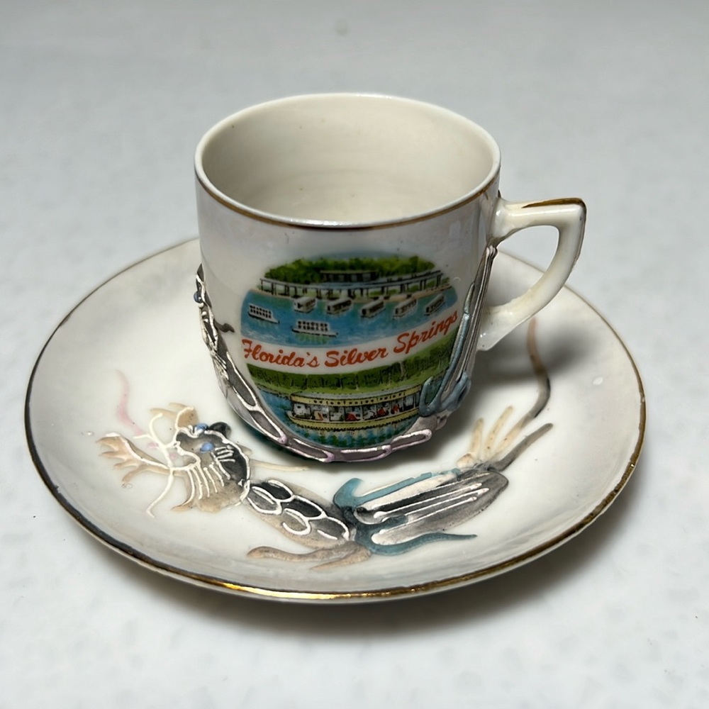 Vintage 60's Kenmar Porcelain Souvenir Cup Saucer Gold Trim Japan Rare
